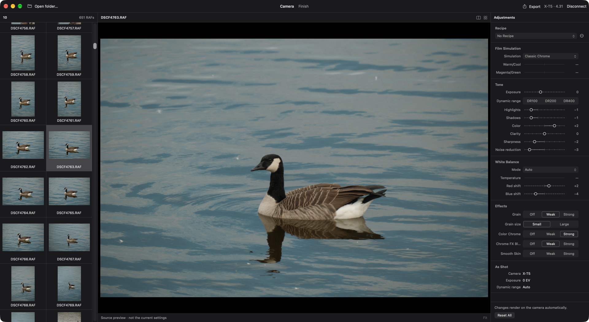 Fujista Studio on Mac with a RAF photo browser, a goose photo preview, and film simulation and recipe controls.